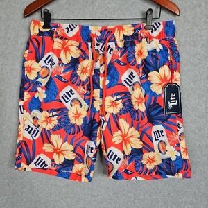 Miller Lite Tropical Floral Swim Trunk Shorts Mens Size Small New Hawaiian Beach
